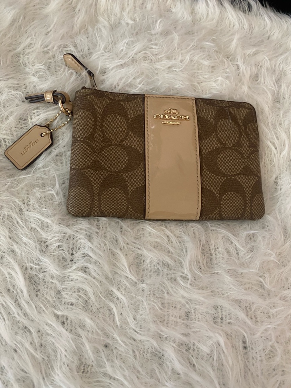 Coach Brown Signature Canvas Wristlet with Tan Patent Stripe